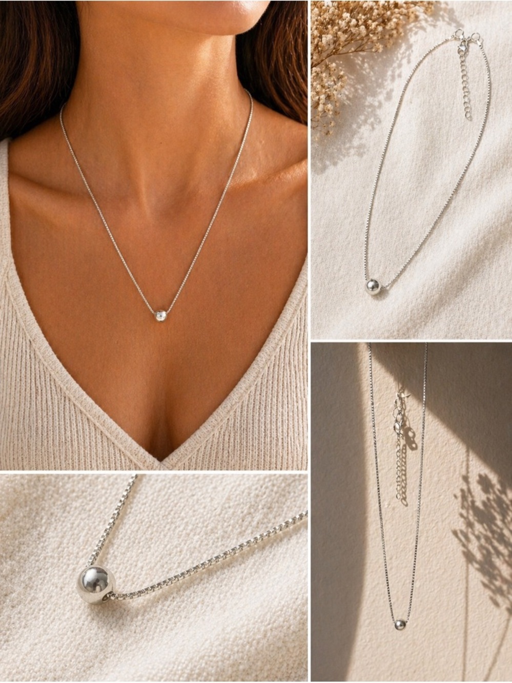 Minimalist Silver Ball Pendant Necklace | Dainty Chain Jewelry | Layering Piece